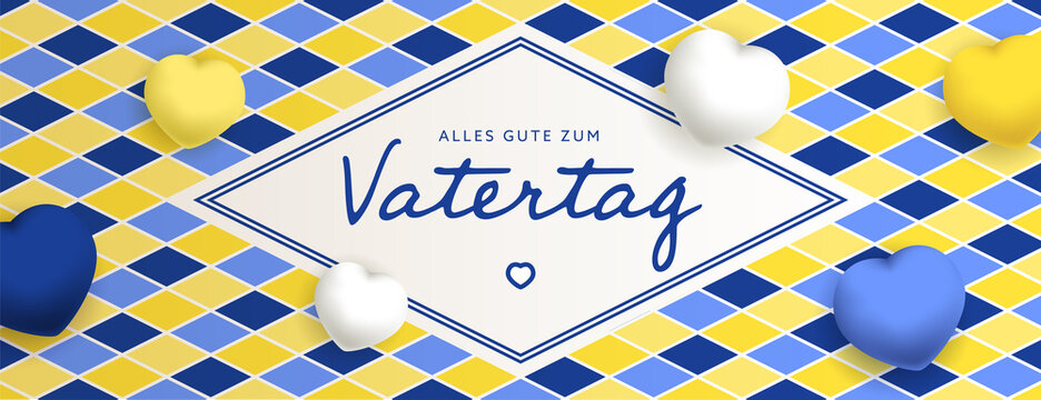 Alles Gute Zum Vatertag sous forme de carte ou bannière, poster ou flyer, avec des losanges et coeurs jaunes, bleu et blancs