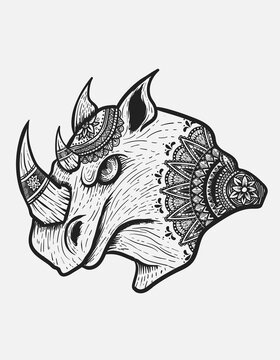 illustration vector rhino head with mandala zentangle style