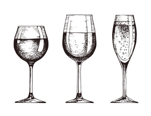 Set of wineglasses. Red wine, white wine and champagne. Vector illustration in hand drawn retro style