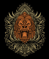 illustration vector gorilla mandala head with engraving ornament