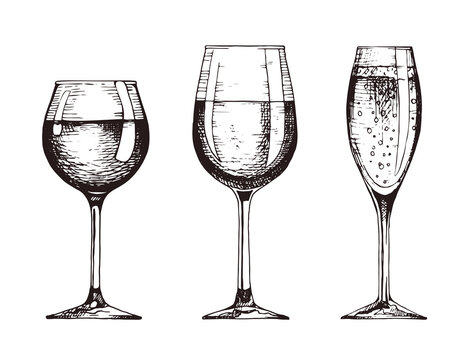 Set of wineglasses. Red wine, white wine and champagne. Vector illustration in hand drawn retro style