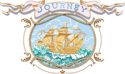 vector image of the emblem of sea voyages, regattas, cruises in the style of retro graphic line art	