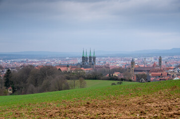 View of the World Heritage city of Bamberg on a cloudy spring day with the bamberg cathedral in the...