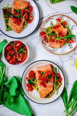 Waffles with wild garlic and salmon..style rustic