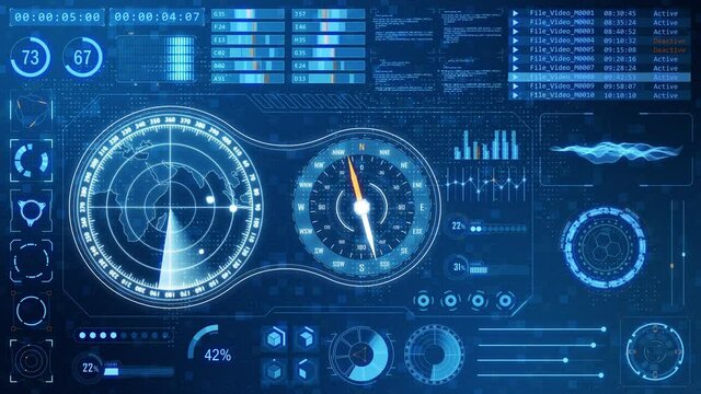 Motion graphic of  blue color sonar radar screen searching an object with futuristic head up display ( HUD UI ) technology interface screen and chat panel