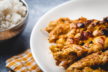 Famous Asian Chicken Dish- Chicken Satay with Peanut Sauce and rice bowl