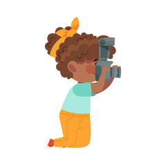 Pretty African American Girl Holding Digital Camera Taking Photograph Vector Illustration