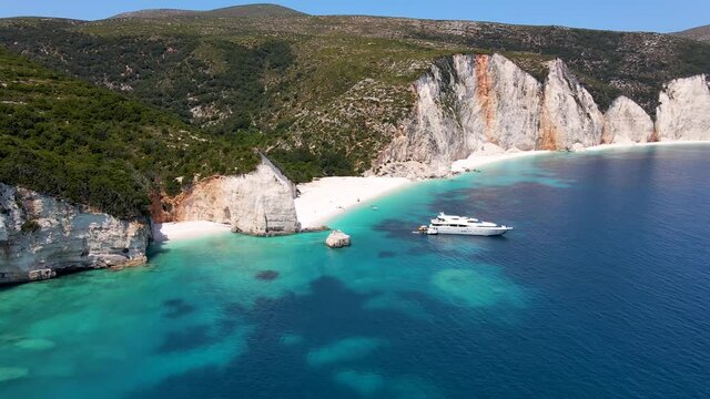 Aerial view of the secluded Fteri beach on the island of Kefalalonia, Greece, during summer time