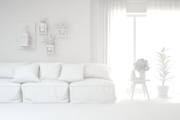 White minimalist living room with sofa. Scandinavian interior design. 3D illustration