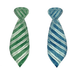 Watercolor set of two neckties in blue and green colors, isolated on white background, elements for cards or decoration for students, boys or on Father's day
