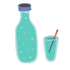 Icon of a water bottle and a glass of water. For magazines, books, posters, postcards, cover menus, web pages. Isolated on a white background. Vector illustration in a cartoon .