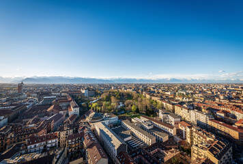Aerial view of the city of Turin (Torino) from the Mole Antonelliana with the Italian Alps on the horizon,  Piedmont (Piemonte), Italy, Europe.