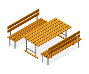 Wooden Benches and Table as Picnic Place Isometric Vector Illustration
