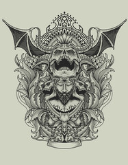 Demon skull with antique engraving pattern-vector illustration