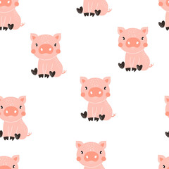 Vector hand-drawn color seamless repeating childish simple pattern with cute pigs in Scandinavian style on a white background. Trendy scandinavian vector background. Pigs print. Cute animals. Farm.