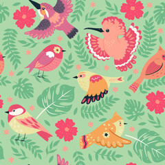 Seamless pattern with cute birds. Vector graphics.