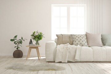 Soft color living room with sofa. Scandinavian interior design. 3D illustration