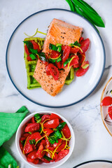 Waffles with wild garlic and salmon..style rustic