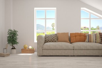 White living room with sofa and summer landscape in window. Scandinavian interior design. 3D illustration