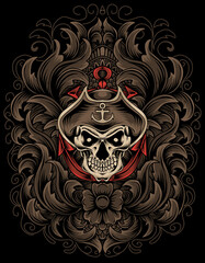 illustration vector captain skull pirate with engraving ornament