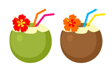 coconut cocktail with hibiscus and straw, tropical drink set vector isolated