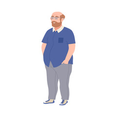Bald and Bearded Man in Glasses with Corpulent Body in Standing Pose Full Length Vector Illustration