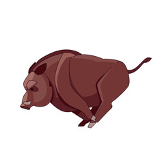 A wild boar runs and attacks. Cartoon character of an evil mammal animal. A wild forest creature with brown fur. Side view. Vector flat illustration isolated on a white background