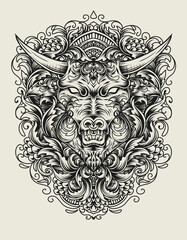 Illustration vector bull head with engraving ornament style
