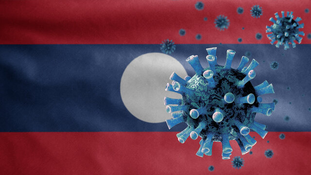 3D, Flu Coronavirus Floating Over Laotian Flag. Laos And Pandemic Covid 19