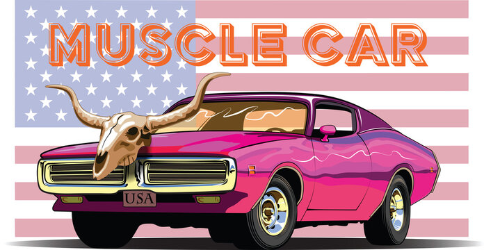 vector image of an American muscle car on the background of the American flag with a cow skull on the front