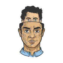 Head inside head split personality metaphor color sketch engraving vector illustration. T-shirt apparel print design. Scratch board imitation. Black and white hand drawn image.