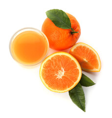 Orange juice, fresh fruits and green leaves on white background, top view