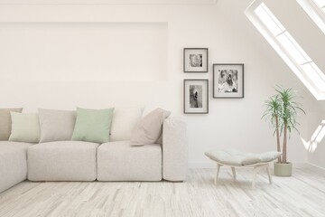 Soft color living room with sofa. Scandinavian interior design. 3D illustration
