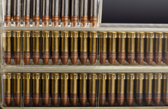 Hollow-point .22 LR bullets , Close up of .22 ammunition in plastic box on black background