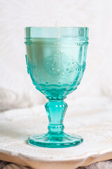 Mint color romantic vintage style glass soy candle