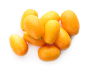 Fresh ripe kumquats on white background, top view. Exotic fruit
