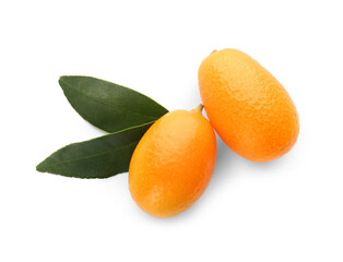 Fresh ripe kumquats with green leaves on white background, top view