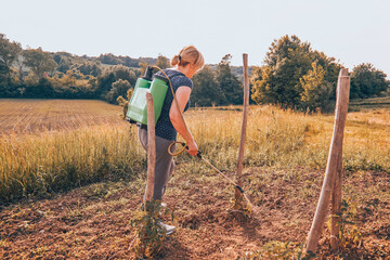 Woman gardening her garden. Spraying pesticide. © Kitja