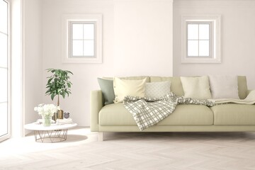 Soft color living room with sofa. Scandinavian interior design. 3D illustration