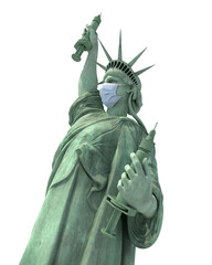 Fototapeta premium masked statue of liberty presenting covid vacine and sringe, isolated