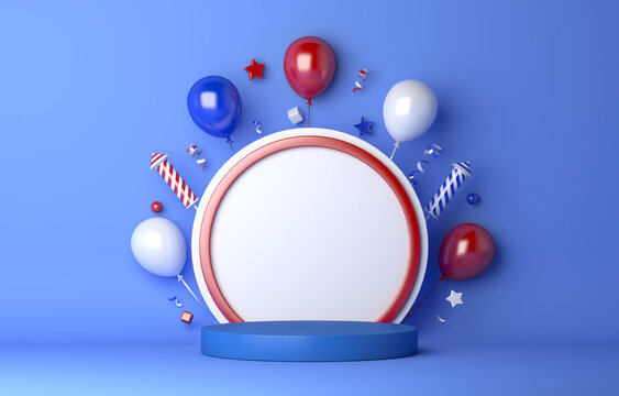 Russia day display podium with balloon firework, Kings day, Bastille day, 3d rendering illustration