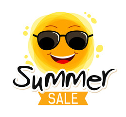 Bright Sale banner, template design with summer sun. Text Summer sale