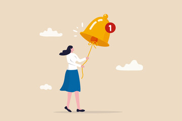 Ring subscription bell to get reminder for new social media content, young woman new subscriber ringing the big bell with notification number.
