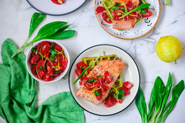 Waffles with wild garlic and salmon..style rustic