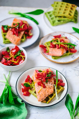 Waffles with wild garlic and salmon..style rustic