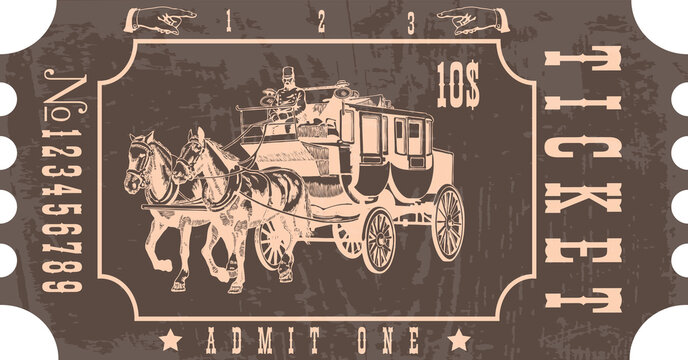 vector image of a stagecoach ticket in vintage style with the image of an old horse drawn omnibus