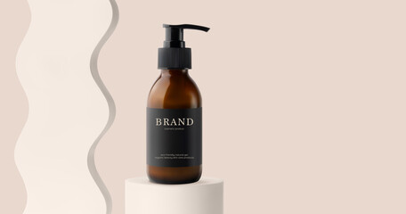 Cosmetic bottle with pump on cylinder podium stage and wave decor 3d realistic vector illustration. Mockup skincare product banner
