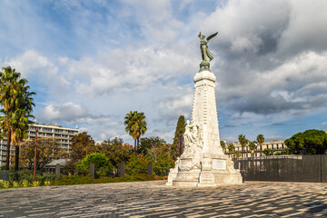 Obraz premium Statue of goddess Nika in Nice, France, Monument of Centenary built in 1893. Symbol of the city Nice, French Riviera, France.
