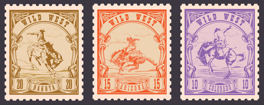 vector image of a cowboy on a horse in the form of a postage stamp printing on paper and t-shirt	