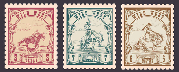 vector image of a cowboy on a horse in the form of a postage stamp printing on paper and t-shirt	